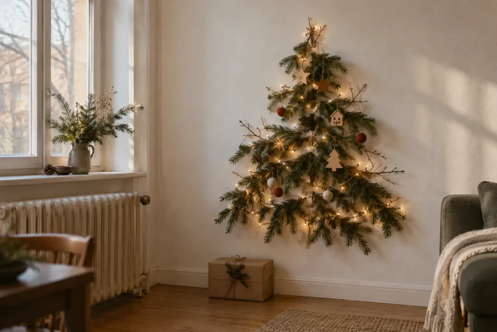Sapin mural fait de branches de bois et de sapin fixées en triangle sur un mur blanc, avec une guirlande lumineuse