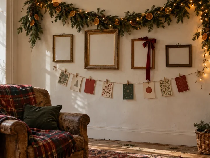 Mur de salon décoré pour Noël avec une guirlande de branches de sapin au-dessus de cadres et des cartes de vœux suspendues