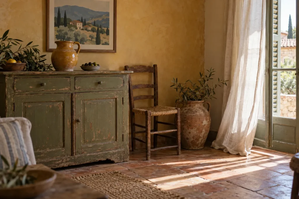 Coin salon provençal avec un buffet en bois patiné, une chaise paillée, une jarre en terre cuite et un cadre au mur couleur ocre