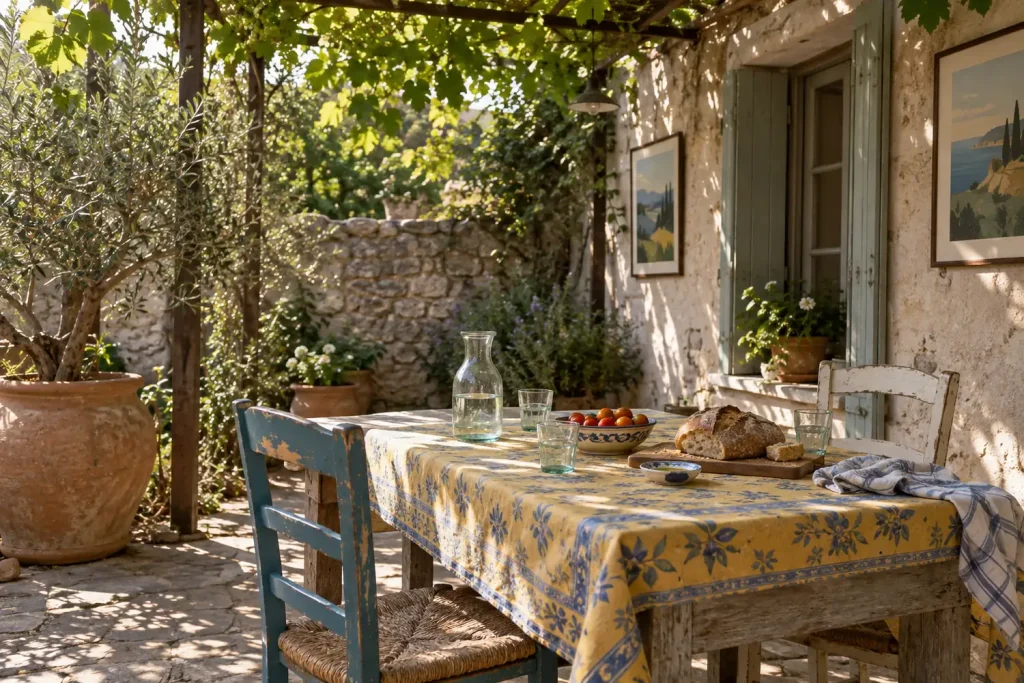 Table en bois sous une tonnelle avec une nappe imprimée, une carafe d'eau, des verres et un olivier en pot