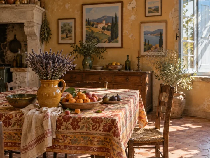 Cuisine de mas provençal avec des tomettes, une table en bois, une nappe imprimée, un bouquet de lavande séchée et des volets bleus entrouverts