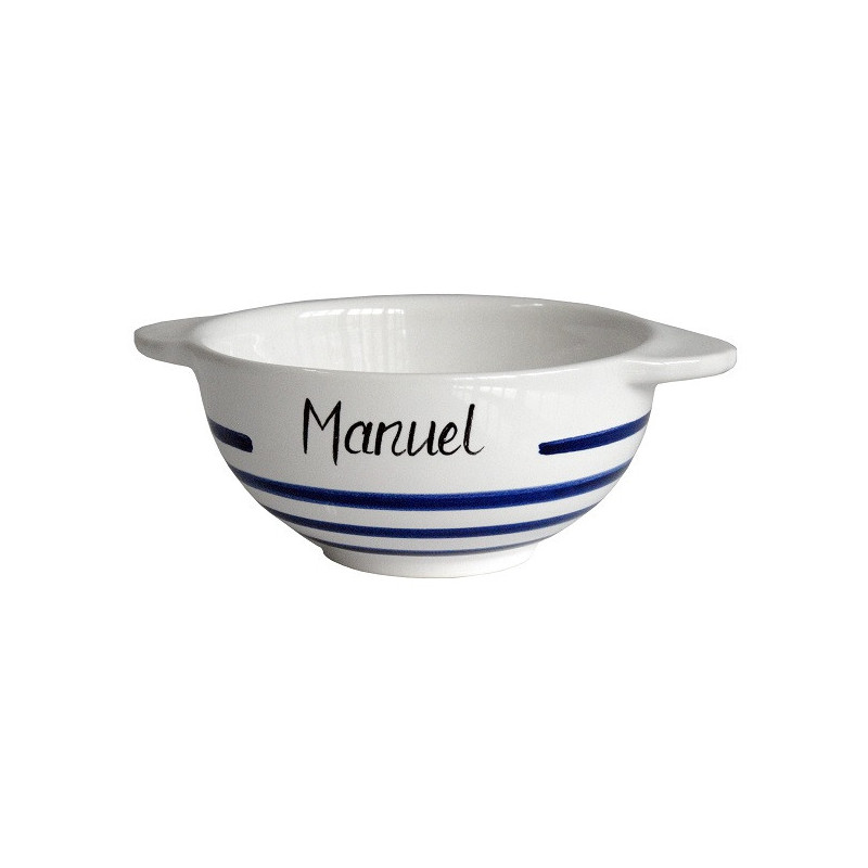 Bol à oreilles en faïence à rayures bleues avec le prénom Manuel