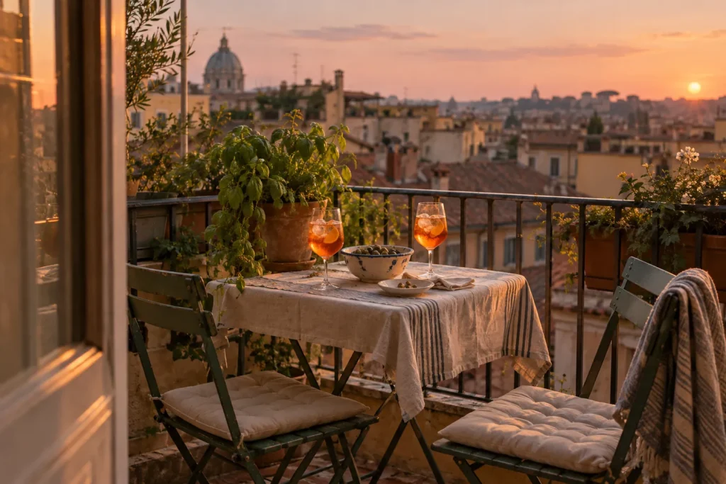 Petit balcon avec deux verres de spritz, un bol d'olives et une nappe à rayures au coucher du soleil
