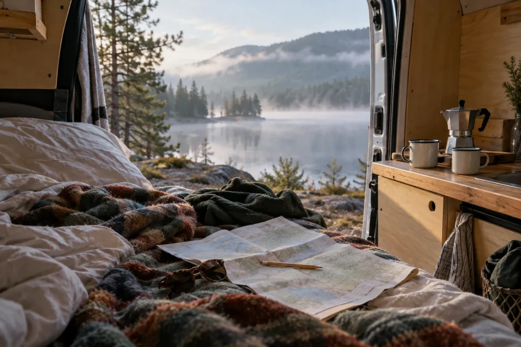 Intérieur de van le matin avec deux tasses émaillées, une cafetière italienne et une carte routière sur le lit