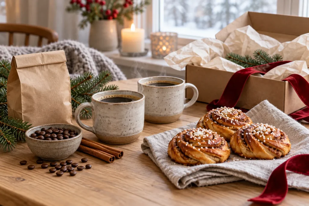 Coffret cadeau fika avec tasses en céramique, brioches à la cannelle et café sur une table en bois clair