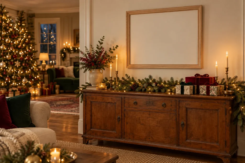 Salon décoré pour Noël avec un cadre au-dessus d'un buffet, une guirlande de sapin et des bougies