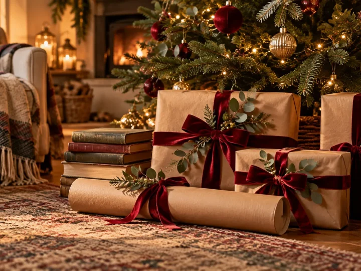 Cadeaux de Noël emballés en papier kraft et ruban de velours au pied d'un sapin, avec un tube d'affiche