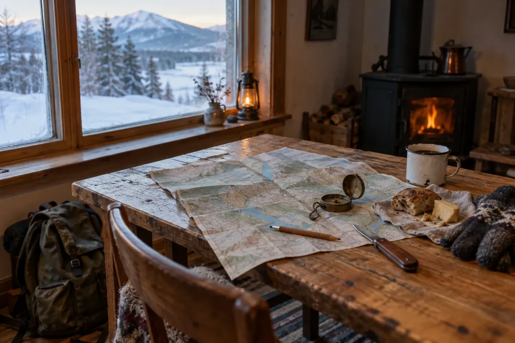 Table en bois avec une carte de randonnée dépliée, une boussole, un couteau pliant et une tasse de café