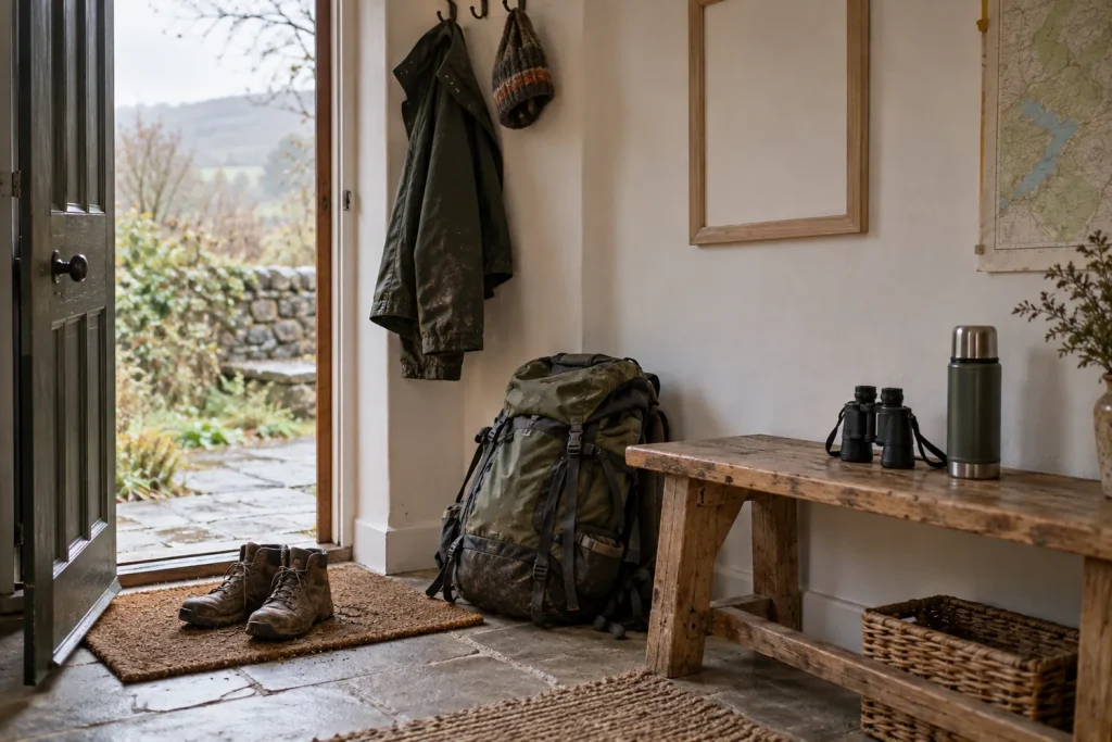 Coin d'entrée avec une veste de pluie, un sac à dos, des chaussures de marche et un cadre vide au mur