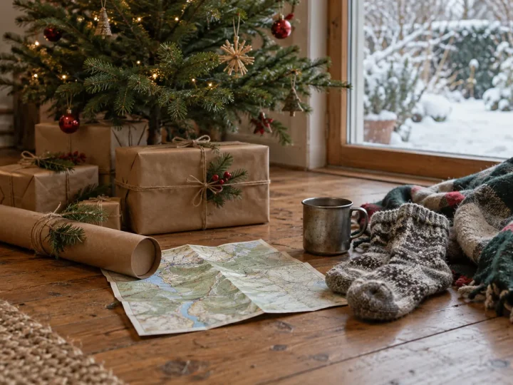 Cadeaux de Noël au pied du sapin avec un tube d'affiche, une carte de randonnée pliée et des chaussettes en laine