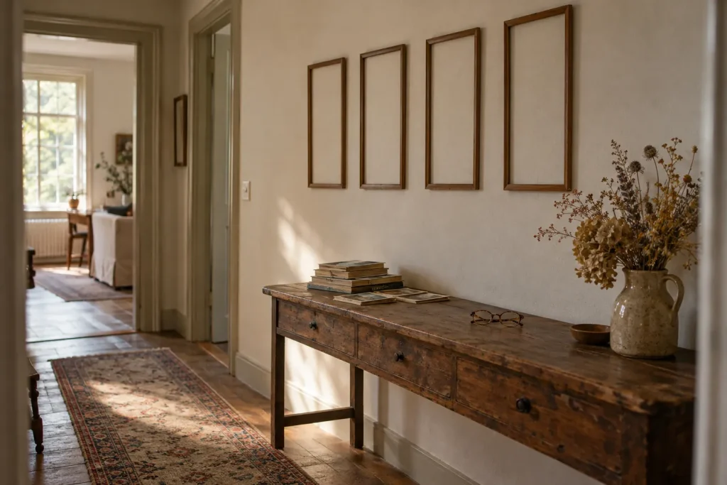 Couloir d'appartement avec quatre cadres étroits et hauts alignés, une console en bois et un bouquet de fleurs séchées