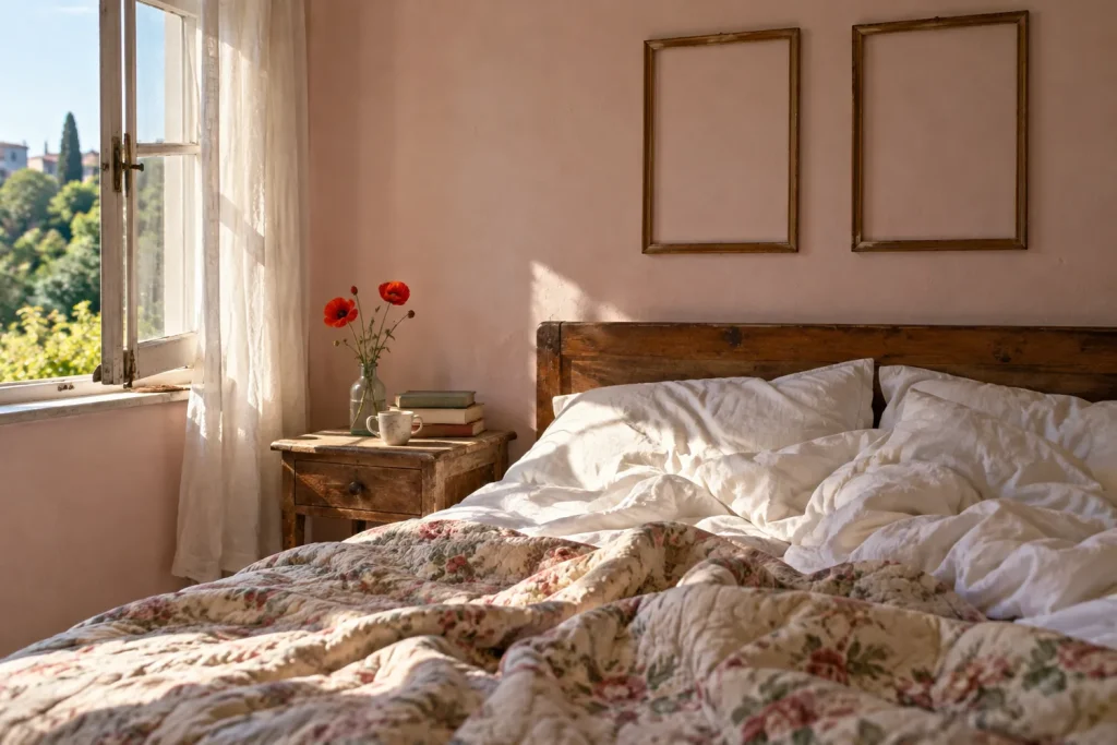 Chambre lumineuse avec un lit défait, une table de chevet en bois, un vase de coquelicots et deux cadres au-dessus de la tête de lit