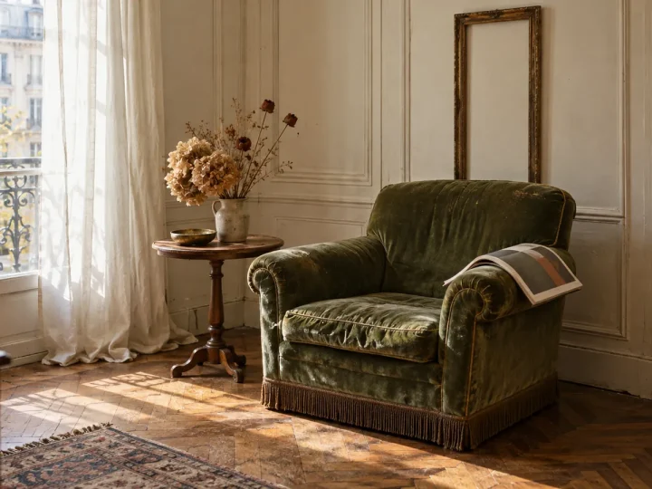 Reading corner in an old apartment with a worn velvet armchair, dried flowers and a tall narrow frame on the wall