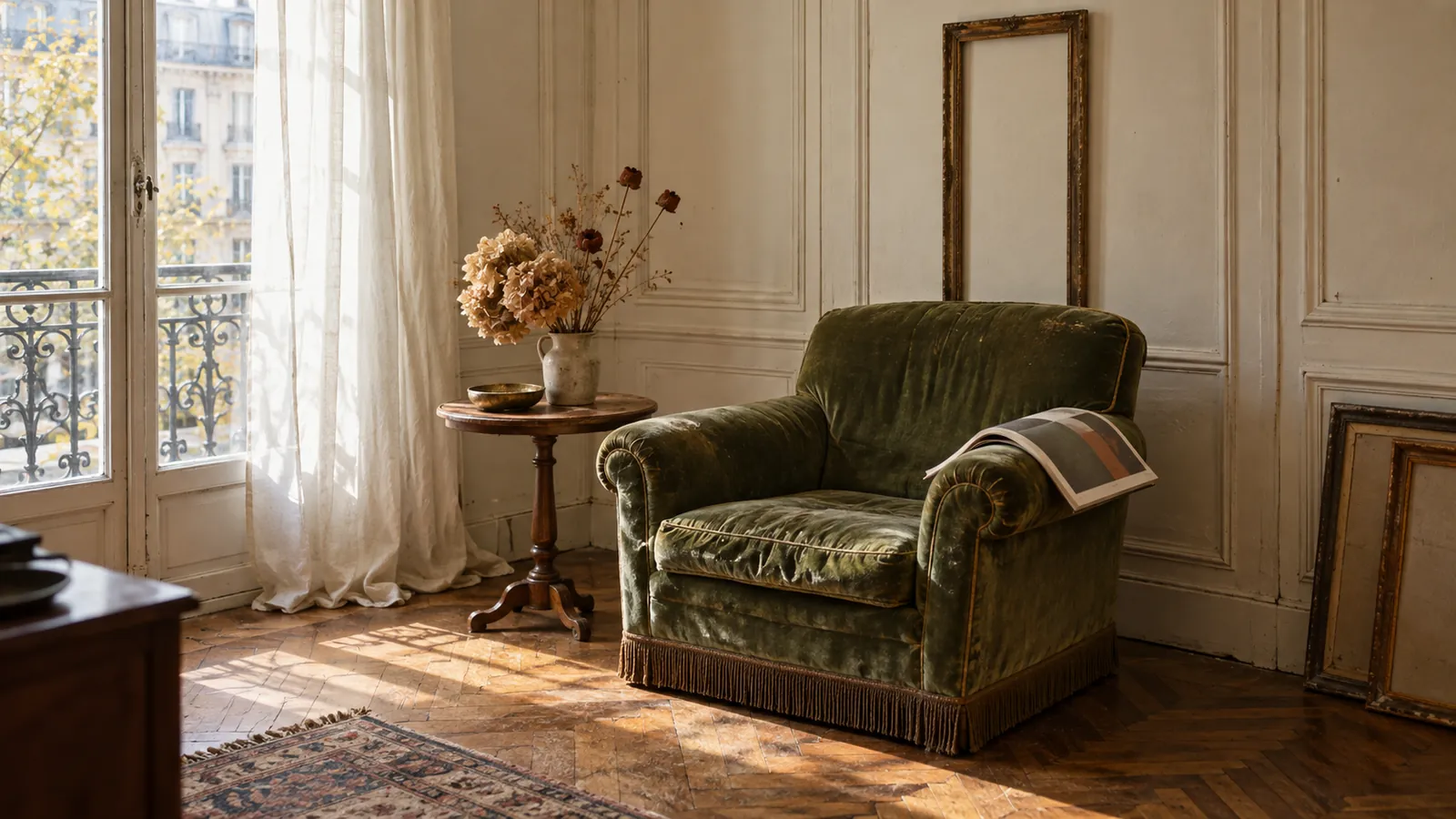 Reading corner in an old apartment with a worn velvet armchair, dried flowers and a tall narrow frame on the wall