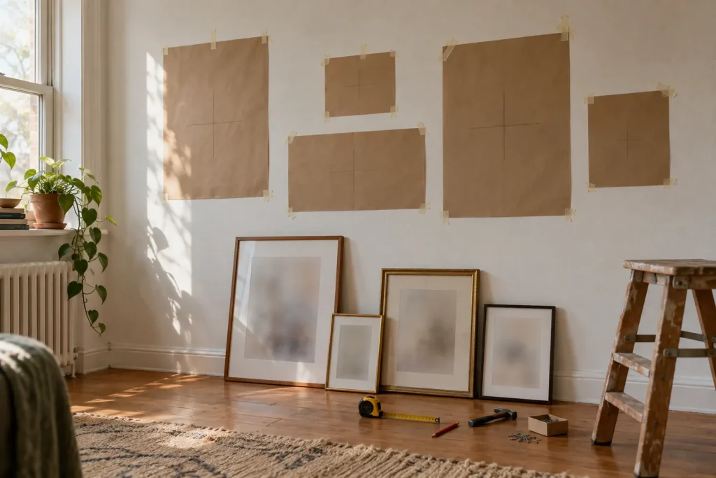 Gabarits en papier kraft scotchés au mur avec du ruban de masquage, cadres posés au sol et mètre ruban