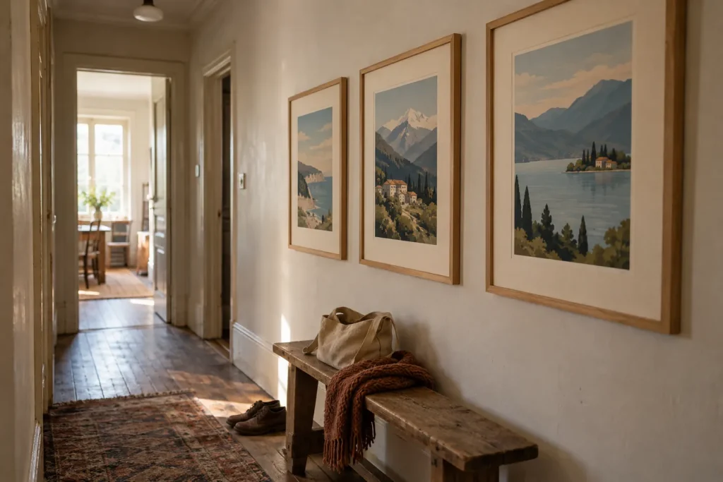 Couloir avec trois cadres en bois alignés, chacun avec un large passe-partout crème, au-dessus d'un banc avec un sac et une écharpe