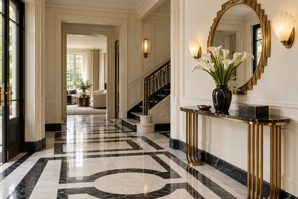 Entrée avec sol en damier noir et blanc, console en laiton et miroir rond Art déco