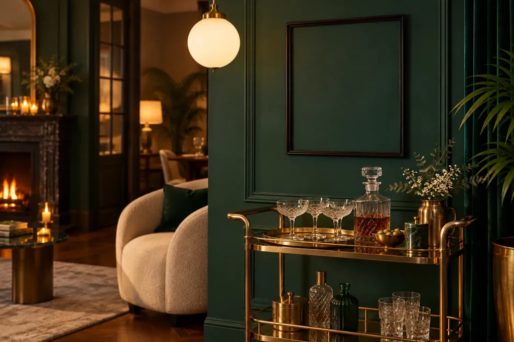 Coin bar Art déco avec chariot en laiton, verres ciselés et un cadre vide au mur vert émeraude