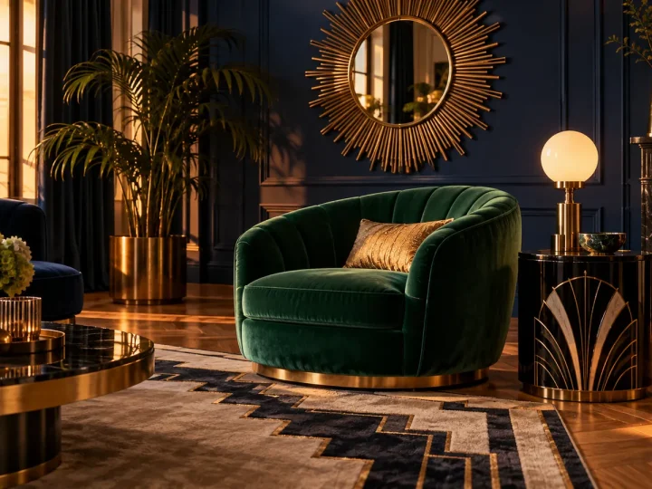 Art Deco living room with an emerald green velvet armchair, a gold sunburst mirror and a brass globe lamp